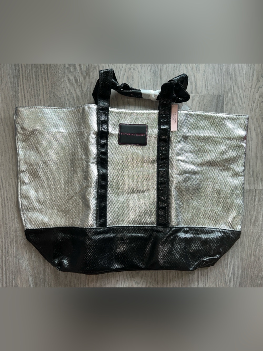 NWT Large Victoria's Secret Silver Metallic Tote with Black Trim